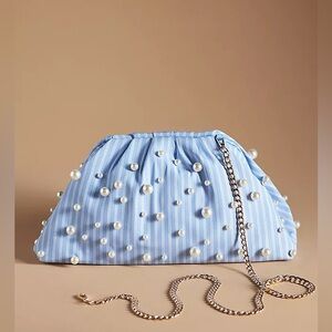 Anthropologie Maeve Oversized Frankie Pouch Purse, Poplin Edition, Blue, Pearls
